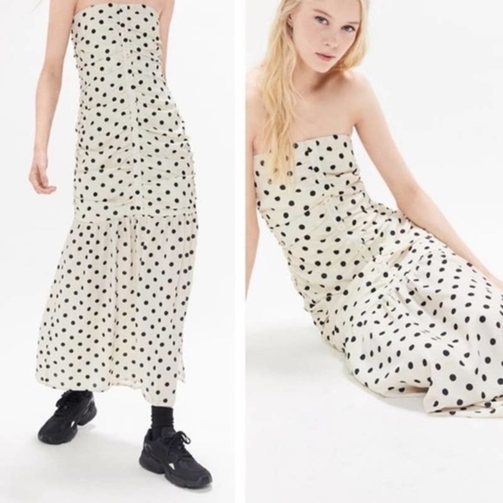 NWT UO Urban Outfitters Black and White Polka dot Strapless Maxi Dress SZ L